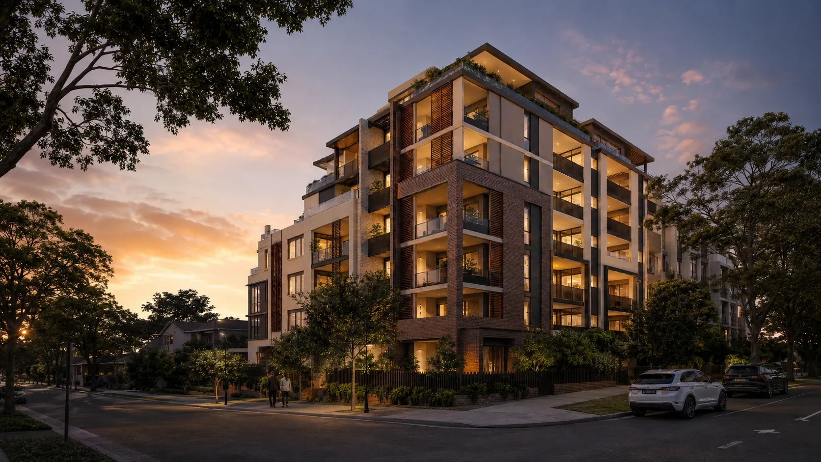 Dusk render of a contemporary mid-rise apartment development in an Australian streetscape