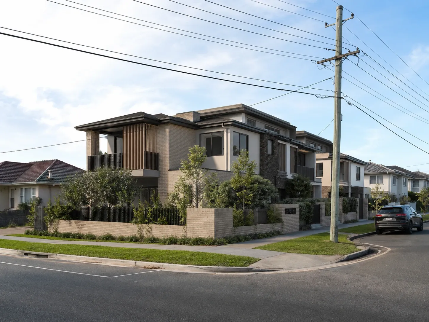 Proposed townhouse development rendered into the same streetscape from the same viewpoint