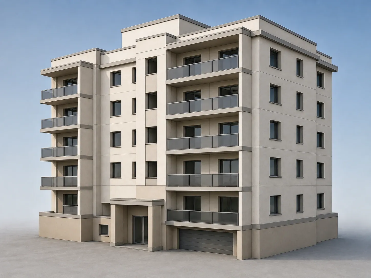 Finished photoreal render of the same apartment building built on the same geometry