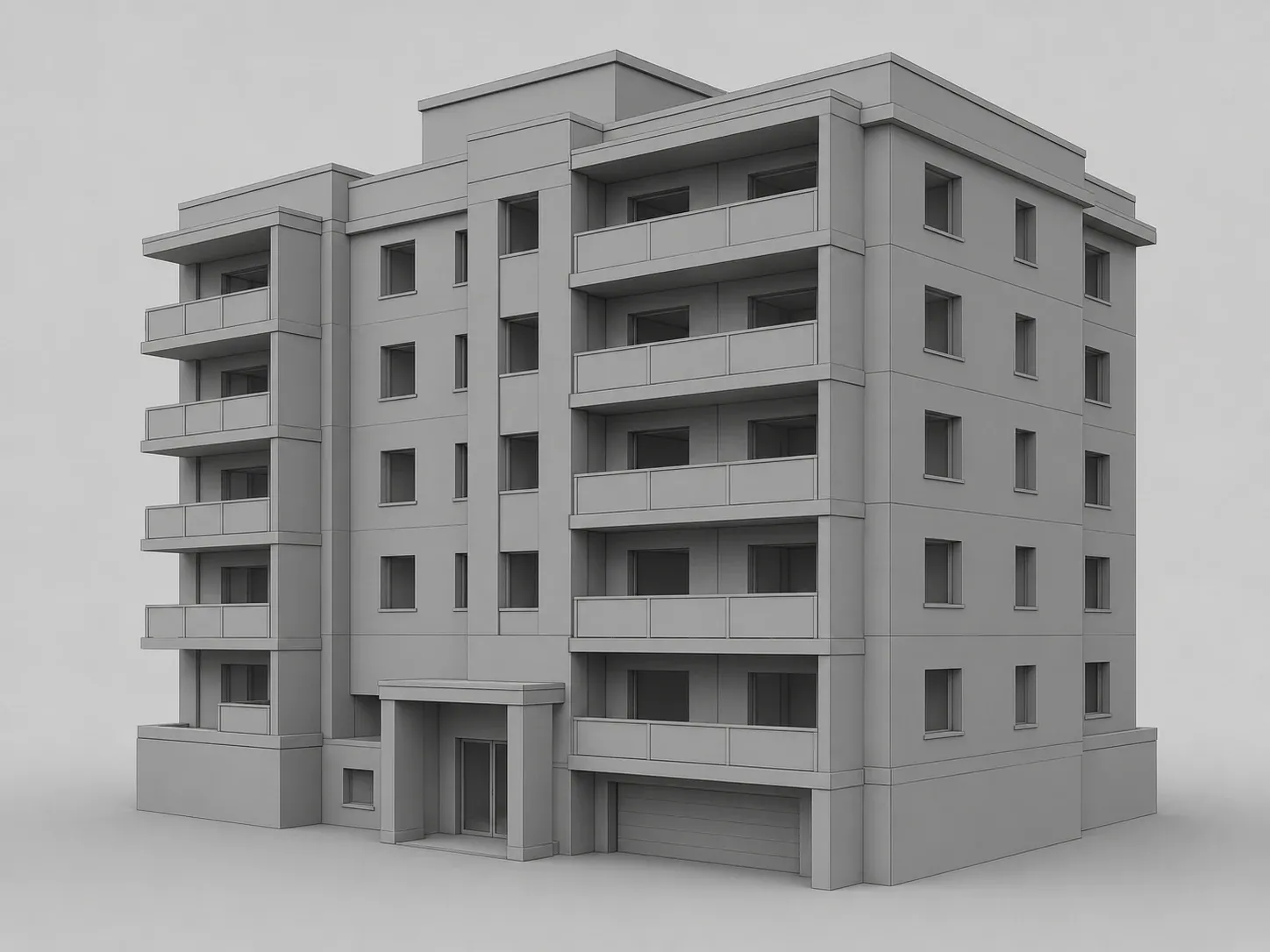Grey-box CAD massing model of an apartment building from design software