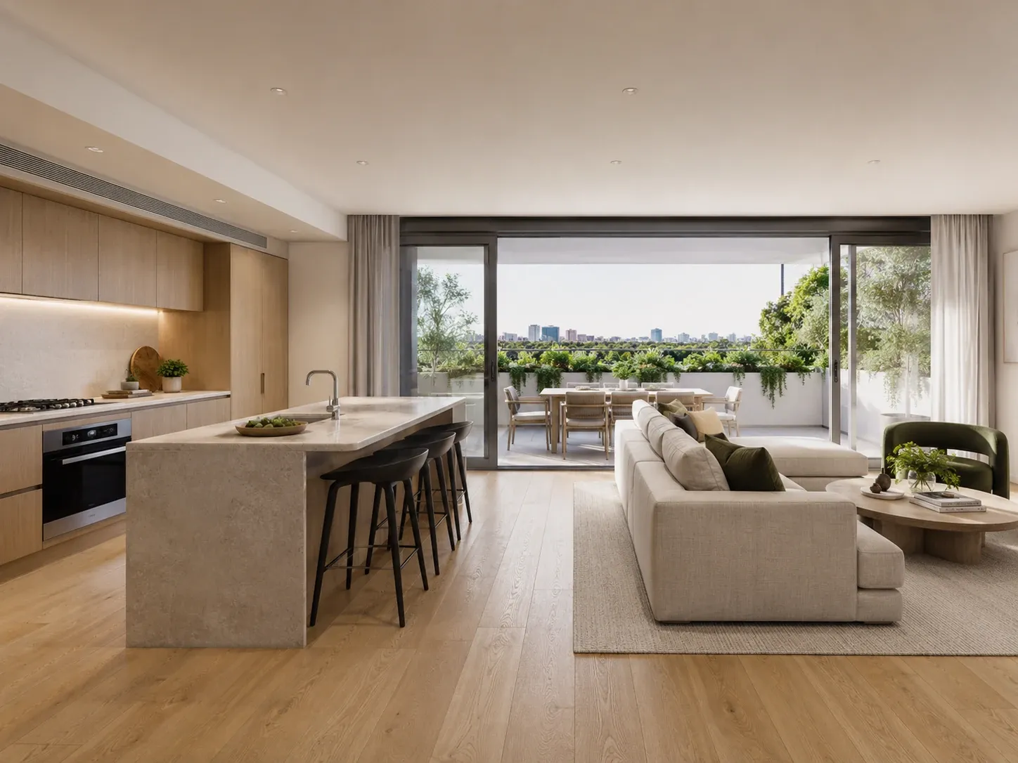 Interior render of an open-plan apartment kitchen and living area styled for an Australian buyer market