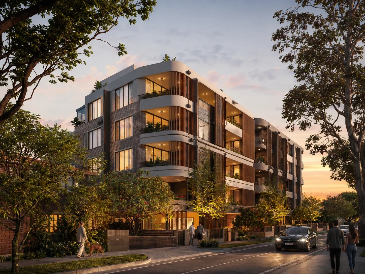 Polished campaign-ready hero render of the same apartment exterior at golden hour