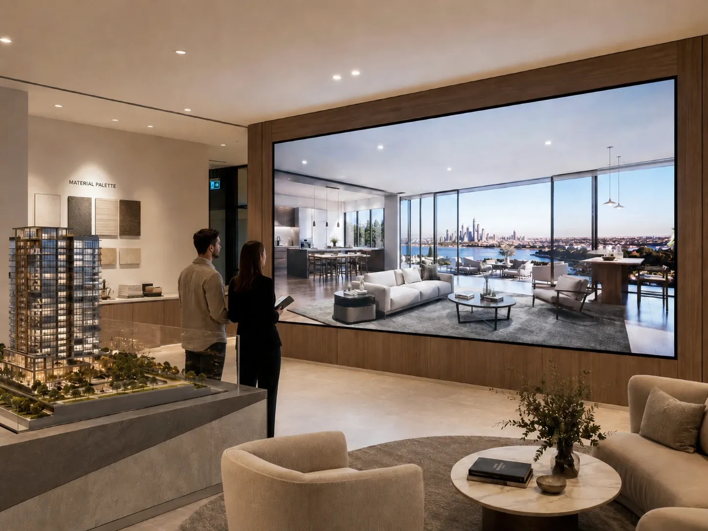 Buyers viewing apartment renders on a large display screen in a property sales gallery