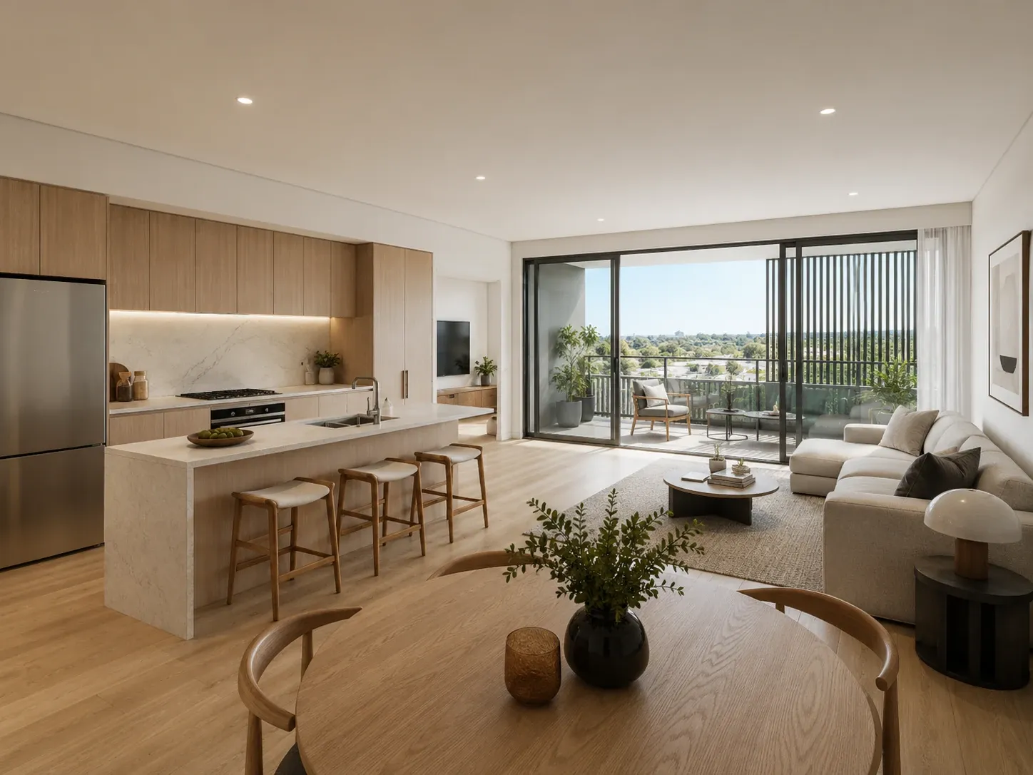 Photograph of the completed apartment interior from the same viewpoint, matching the render