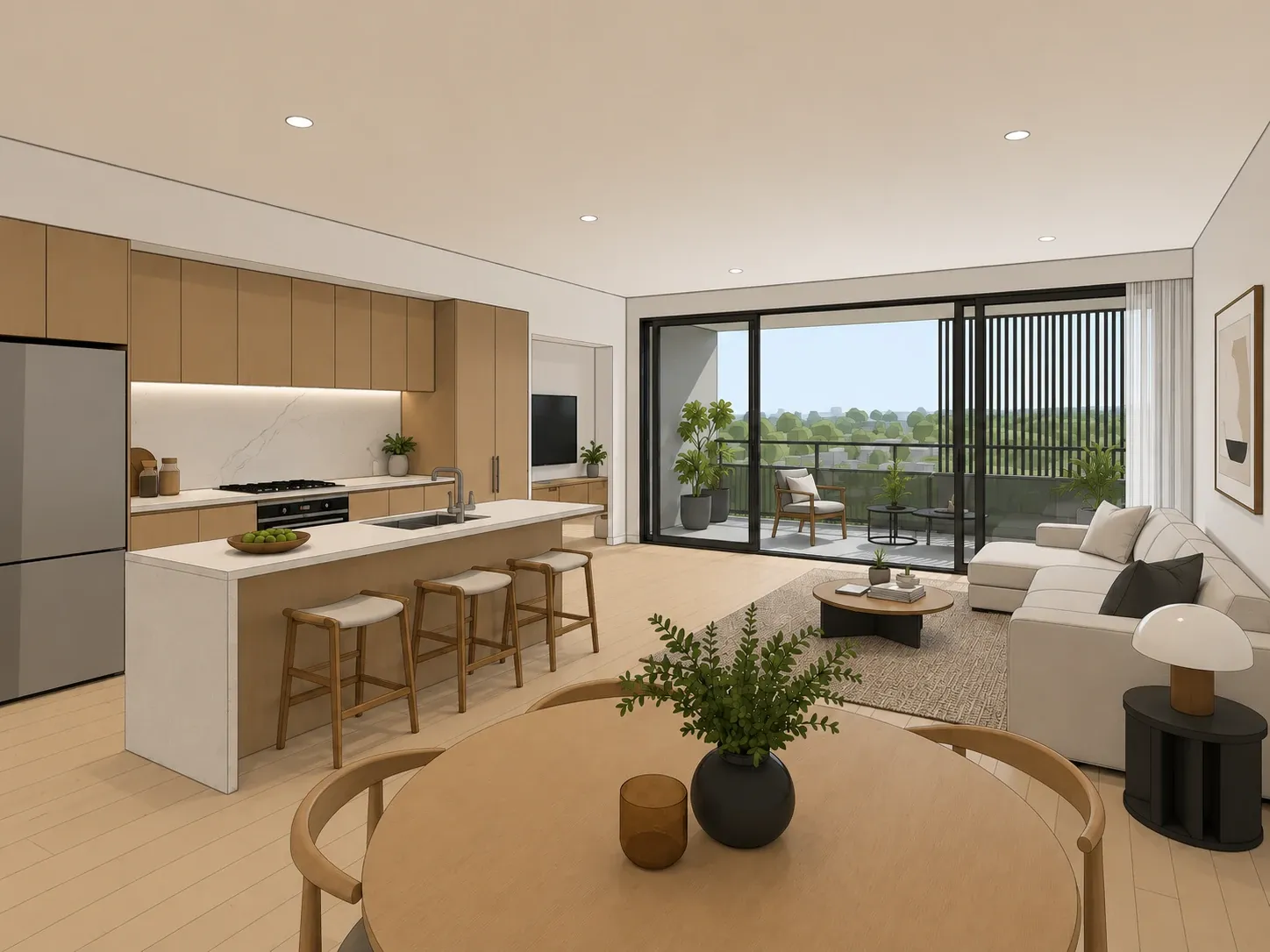 Marketing render of a completed apartment interior