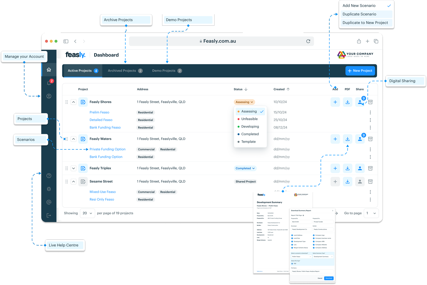 Feasly property development software dashboard showing all projects and feasibility studies in one centralized view