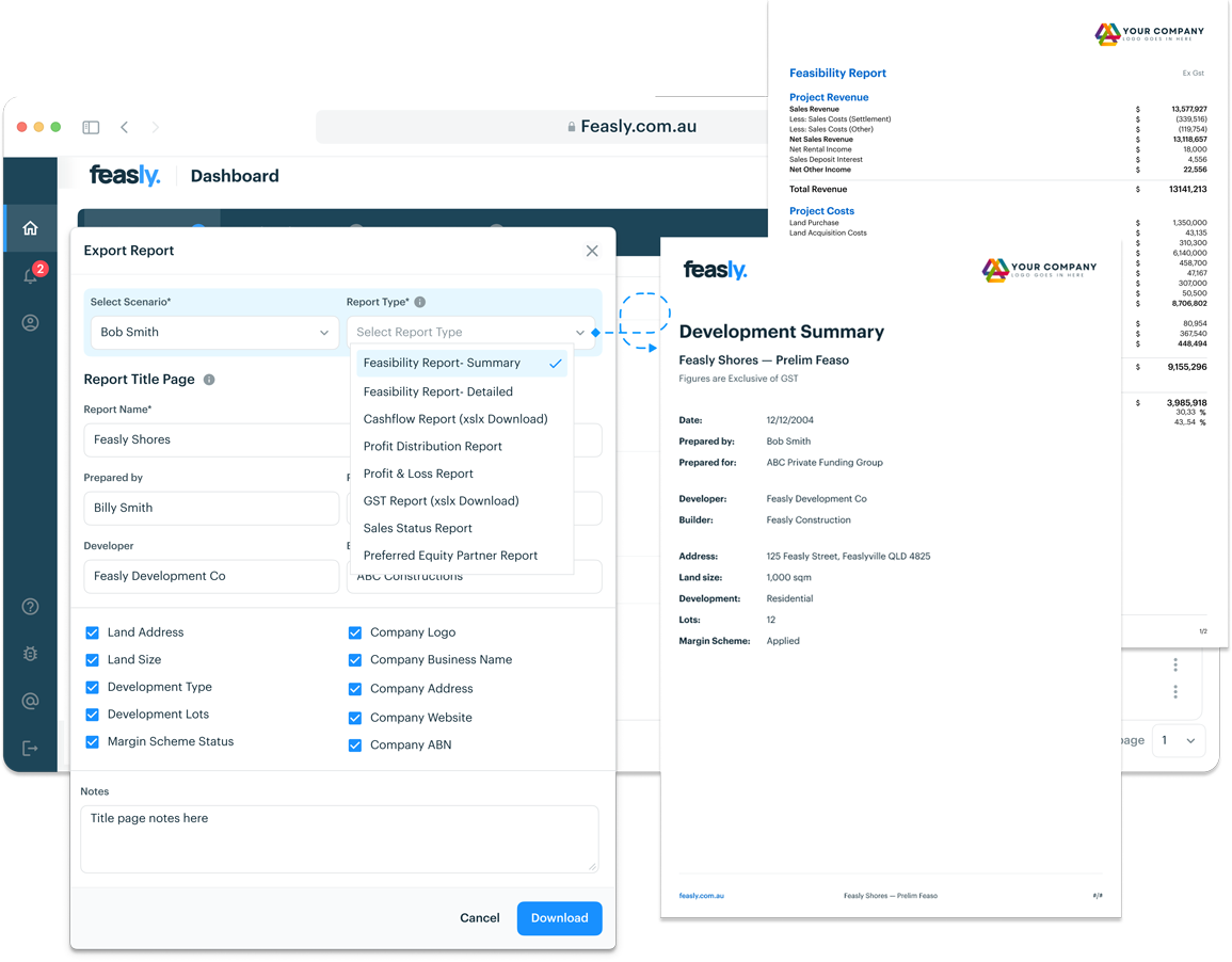 Feasly branded PDF reports for property development showing professional, customizable reports for investors and stakeholders